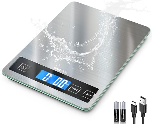 BakFee Food Scale, 33lb Digital Kitchen Scale with Stainless Steel & Tempered Glass, USB Rechargeable, 1g/0.05oz Precise Weighing, Splash-Resistant and Sturdy Surface, for Cooking, Baking, Weight Loss