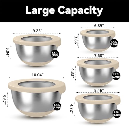 KITEISCAT Stainless Steel Mixing Bowls with Lids – Set of 5 Large Nesting Metal Bowls for Kitchen, Baking, Cooking, Food Prep & Storage, Non-Slip Base, Dishwasher Safe,Khaki