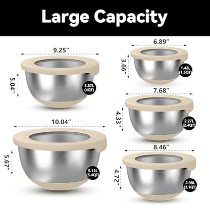 KITEISCAT Stainless Steel Mixing Bowls with Lids – Set of 5 Large Nesting Metal Bowls for Kitchen, Baking, Cooking, Food Prep & Storage, Non-Slip Base, Dishwasher Safe,Khaki