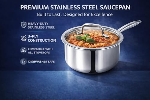 Stainless Steel Sauce Pan with Lid 3 Quart Non Stick Pan Easy to Clean For Home Kitchen Restaurant Multipurpose Use (Silver 7.87 inches)