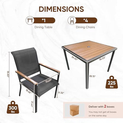 NATURAL EXPRESSIONS HDPS Patio Outdoor Table and Chairs Set for 4, Patio Dining Set with 4 Textilene Chair and 36” Square Fauxwood Patio Table with Umbrella Hole for Garden, Backyard, Deck (Black)