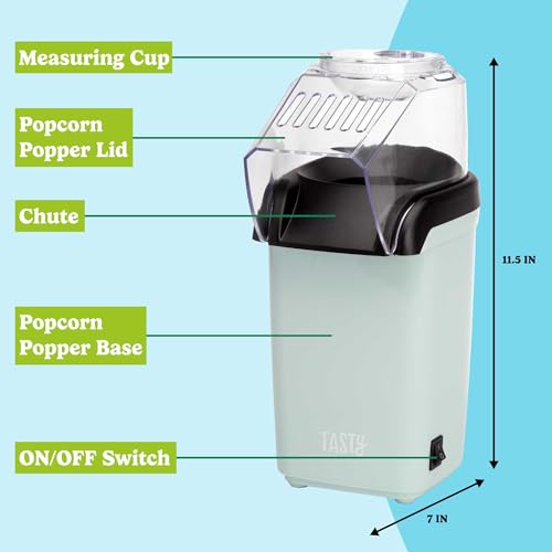 Tasty Hot Air Popcorn Popper, Healthy and Delicious Popcorn in Minutes, Fast and Easy-to-Use, Built-In Measuring Cup and Butter Warmer, 8 Cups, Aqua