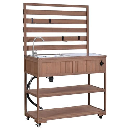 Pasirou 41.7" W Outdoor Kitchen Island with Stainless Steel Top, Garden Potting Bench with Sink, Rolling Grill Cart with 2 Movable Shelves, 1 Bottle Opener for Gardening, Grilling, Brown