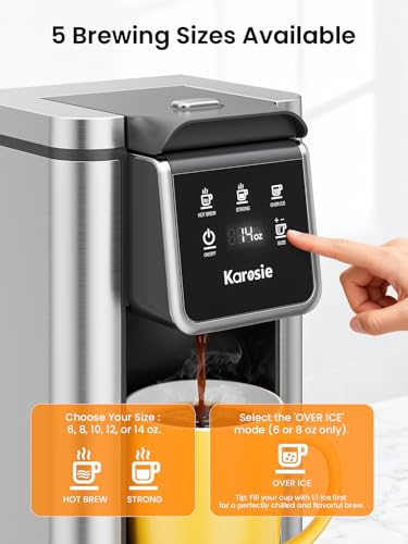 Karosie Hot & Iced Single Serve Coffee Maker for K Pod and Grounds, 6-14 Oz Brew Sizes, 50oz Removable Tank, Single Cup Coffee Maker with Descaling Reminder, Stainless Steel, Black