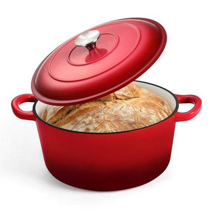 P&P CHEF 5QT Enameled Dutch Oven, Cast Iron Dutch Oven Pot with Lid for Bread Baking, Enameled Casserole Pot for Roasting Braising Stewing Frying Simmering, Various Stoves & Easy Clean, Red