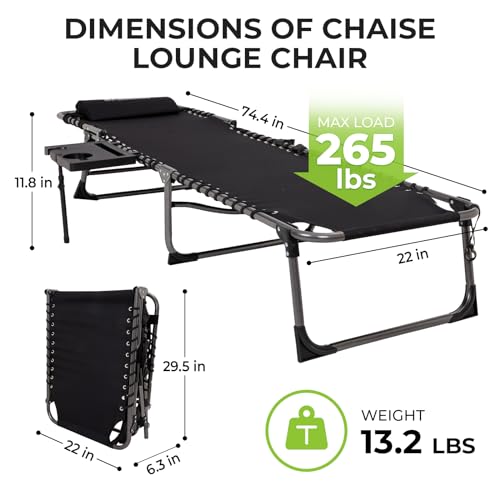 FUNDANGO Chaise Lounge Chair Outdoor, 5-Position Folding Tanning Chair with Detachable Side Table & Pillow, 180° Lay Flat Portable Beach, Heavy Duty U-Frame for Patio, Pool, Lawn, 265lbs (Black)