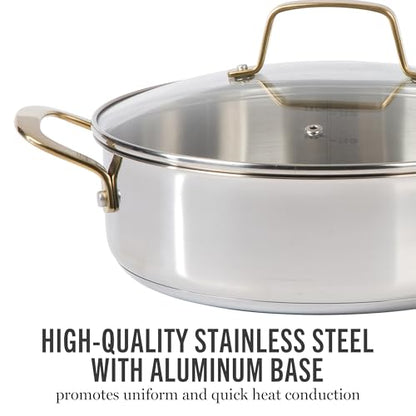 Martha Stewart Castelle 10 Piece 18/8 Durable Stainless Steel Induction Safe Pots and Pans Non-Toxic Kitchen Cookware Set - Gold Handles - Dishwasher Safe