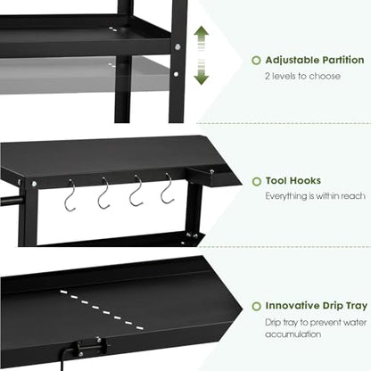 GVGBUK Outdoor Grill Cart Table,Indoor and Outdoor Pizza Oven Table,with 4 Movable Total Lock Casters, Hooks, Side Handle Multifunctional (Black) (Black)