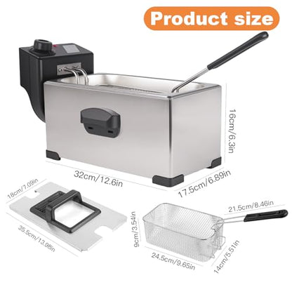 Electric Deep Fryer with Basket, 2500W 304 Stainless Steel Deep Fryer, 3.2 Qt (3.0L) Adjustable Temperature Electric Fryer for Home, Party & Holiday Cooking