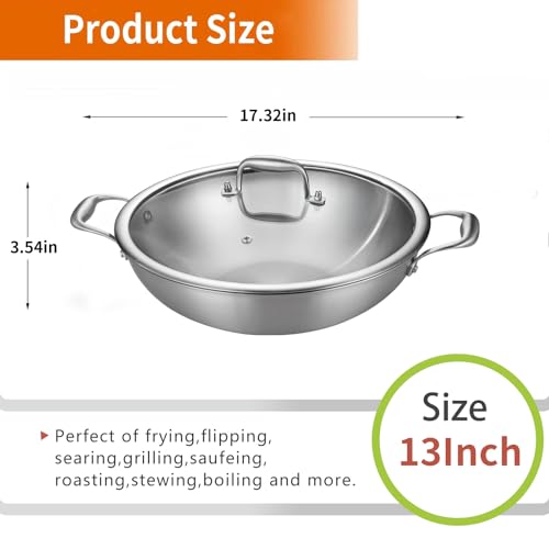 DELARLO Tri-Ply Stainless Steel Flat Bottom Wok, 13 Inch Braiser Pan with Lid, Durable Large Frying pan, Fast Even Heat Saute Pan, Non Toxic Pan for Cooking, Oven Broiler Safe 600F(Not lids)