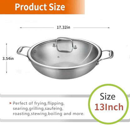 DELARLO Tri-Ply Stainless Steel Flat Bottom Wok, 13 Inch Braiser Pan with Lid, Durable Large Frying pan, Fast Even Heat Saute Pan, Non Toxic Pan for Cooking, Oven Broiler Safe 600F(Not lids)