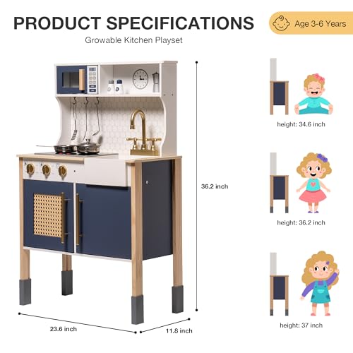 ROBOTIME Wooden Play Kitchen, Kids & Toddlers Kitchen Playset, Kids Play Kitchen Pretend Play Set with Lights & Sounds, Toy Kitchen for Ages 3+ (Blue)