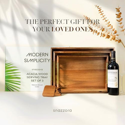 SNAZZORA 3 Pcs Acacia Wood Serving Trays with Golden Steel Handles 18", 16" & 14" with 6 Coasters - for Coffee Table, Ottoman in Living Room, Breakfast in Bed, Jewelry, Decorative, BBQ, Charcuterie
