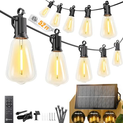 Brightown 52FT Solar String Lights Outdoor Waterproof, Patio Lights with Remote and 15+1 LED Shatterproof Bulbs, Dimmable & Timable, 3 Light Modes, Solar Lights Outdoor for Yard Garden Camping Party