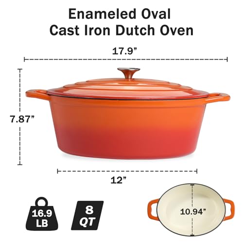 Enameled Oval Dutch Oven Pot with Lid, 8 QT Cast Iron Dutch Oven with Dual Handles for Cooking, Bread Baking, Frying, Non-stick Enamel Coated Oven (8 QT Orange)