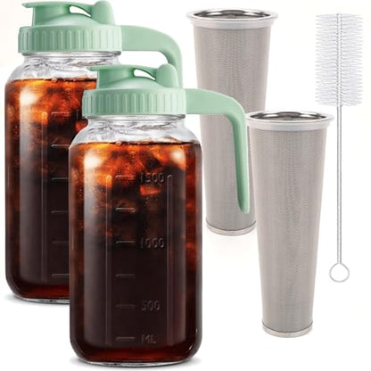 Fermus Set of 2 Cold Brew Coffee Maker, 64oz / 2Quart Glass Pitcher with Stainless Steel Filter and Pour Spout Handle Lid, Mason Jar for Making Cold Coffee, Fruit Drinks, Sun Tea (2)