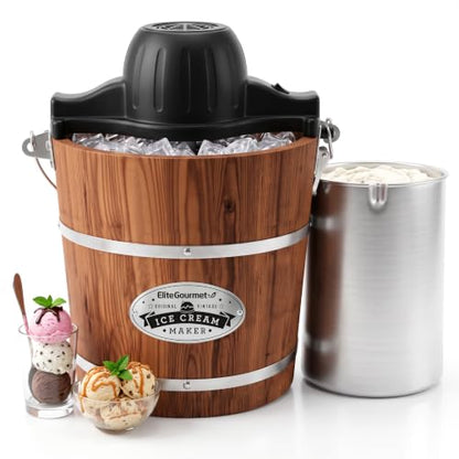 Elite Gourmet EIM418 4Qt Old Fashioned Walnut Wood Bucket Ice Cream Maker