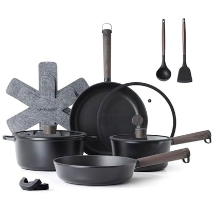 SENSARTE 13Pcs Pots and Pans Set Nonstick Cookware Set Kitchen Cooking Frying Pans with Stay-cool Handle, Dishwasher Safe, Induction Compatible, PFOA/PFOS Free, Black
