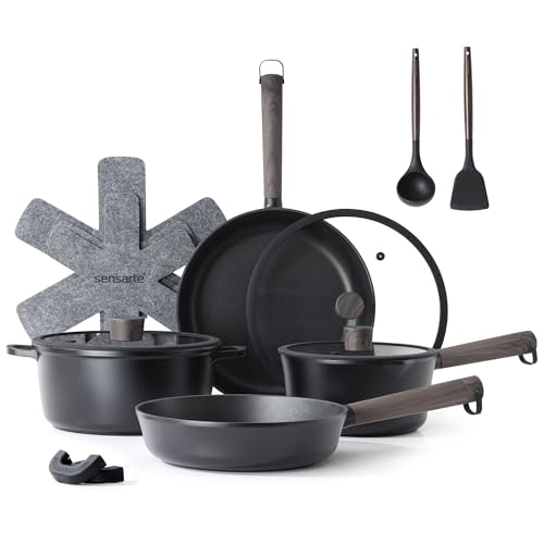 SENSARTE 13Pcs Pots and Pans Set Nonstick Cookware Set Kitchen Cooking Frying Pans with Stay-cool Handle, Dishwasher Safe, Induction Compatible, PFOA/PFOS Free, Black
