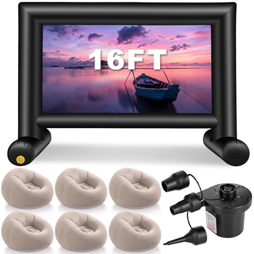 BreezeHug 6 Pcs Inflatable Bean Bag Chairs with 16ft Inflatable Movie Screen Projector Screen Outdoor Blow up Chairs with Electric Air Pump for Outdoor Movie Nights Camping