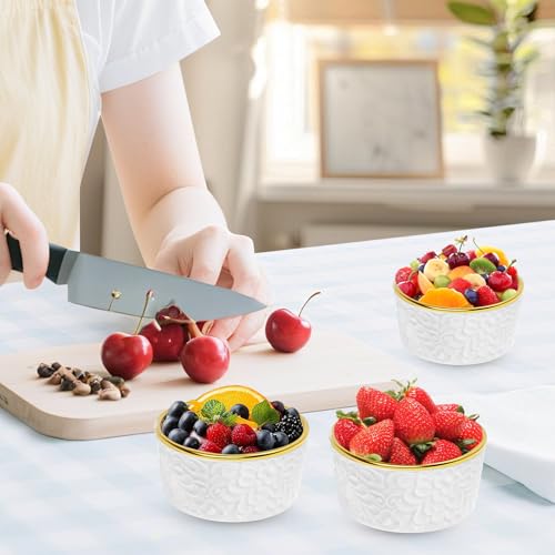 6 Sets Ramekins Oven Safe with Lids, 8 OZ Creme Brulee Ramekins Embossed Flora White Ceramic Ramekin Baking Dish for Souffle Custard Dips Soup Small Bowls for Dessert Appetizers Meal Prep Thanksgiving Christmas Gift
