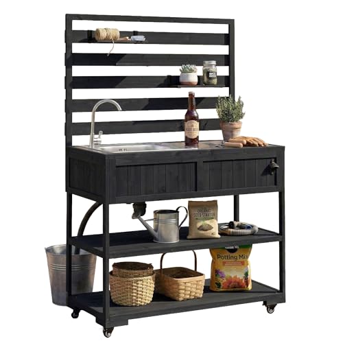 Merax Outdoor Rolling Kitchen Island with Sink, 41.7" Solid Wood Patio Cart Stainless Steel Top, Garden Potting Bench Table on Wheels, BBQ Prep Station with Shelves & Bottle Opener, Black