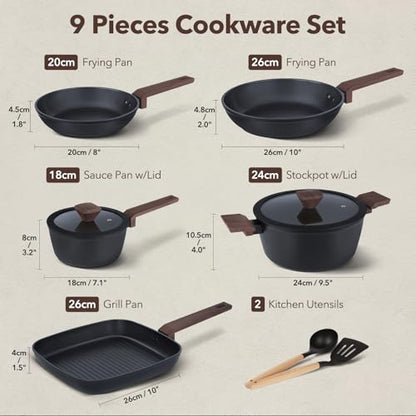 PRAMEDIA 9Pcs Pots and Pans Set Nonstick,Induction Cookware Set Kitchen Cooking Sets,Healthy Non-Toxic Pots and Pan set,Non Stick with Grill Pan& Stay-Cool Handles (PFOS, PFOA Free),Black