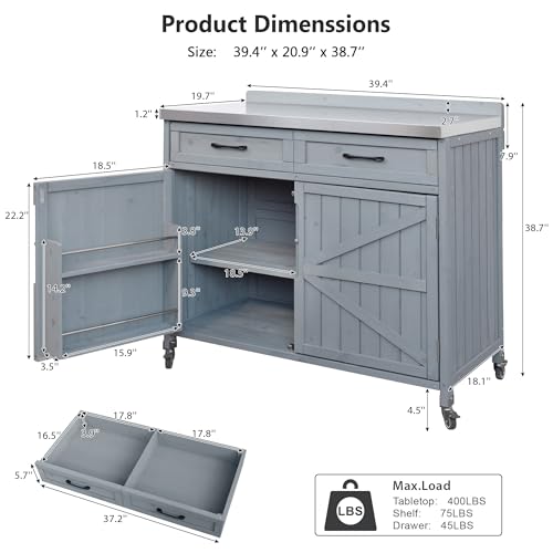 Merax 2 Piece Modular Outdoor Kitchen Series- Kitchen Grill Cart w/Stainless Steel Sink, Wood Rolling BBQ Prep Table w/Stainless Steel Top, Lockable Wheels for Patio & Outdoor Cooking, Grey Blue