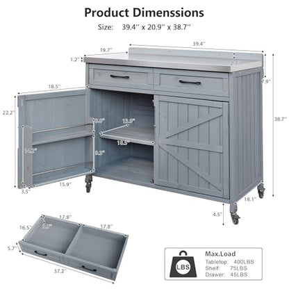 Merax 2 Piece Modular Outdoor Kitchen Series- Kitchen Grill Cart w/Stainless Steel Sink, Wood Rolling BBQ Prep Table w/Stainless Steel Top, Lockable Wheels for Patio & Outdoor Cooking, Grey Blue