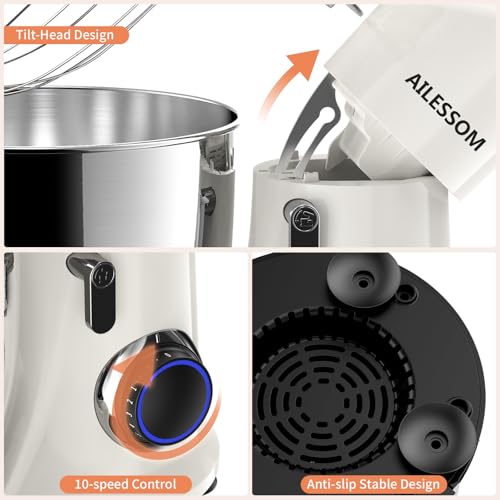 SAMSAIMO 3-IN-1 Electric Stand Mixer, 10-Speed With Pulse Button, Attachments include 6.5QT Bowl, Dough Hook, Beater, Whisk for Most Home Cooks (Almond Cream)