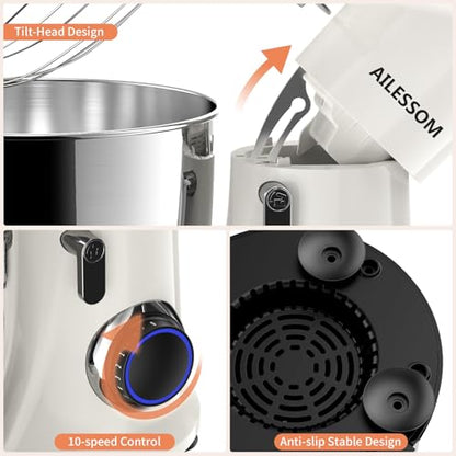 SAMSAIMO 3-IN-1 Electric Stand Mixer, 10-Speed With Pulse Button, Attachments include 6.5QT Bowl, Dough Hook, Beater, Whisk for Most Home Cooks (Almond Cream)