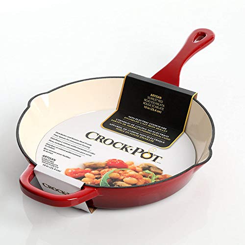 Crock-Pot 10 Inch Enameled Cast Iron Skillet with Handles - Ideal for Searing, Roasting, Frying - Even Heat Distribution, Pour Spouts - Oven-Safe & Stovetop Safe (Red)