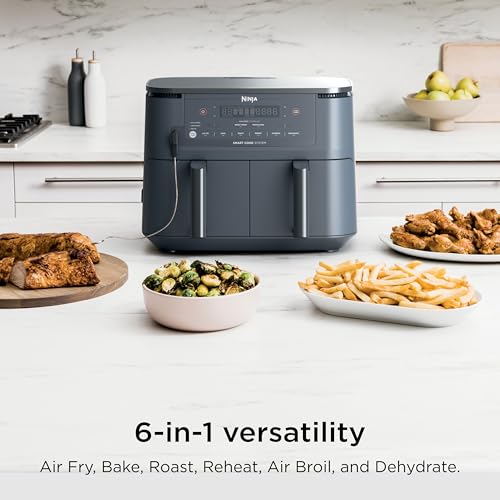 Ninja Foodi Air Fryer w/Smart Cook Thermometer | 6-in-1 Air Fry, Roast, Bake, Dehydrate & More | DualZone™ Match Cook & Smart Finish, 2 Independent Baskets | XL 10 Qt, Stainless Steel | Grey,DZ550GY