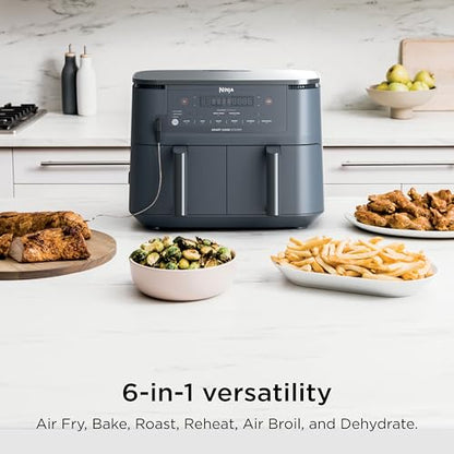 Ninja Foodi Air Fryer w/Smart Cook Thermometer | 6-in-1 Air Fry, Roast, Bake, Dehydrate & More | DualZone™ Match Cook & Smart Finish, 2 Independent Baskets | XL 10 Qt, Stainless Steel | Grey,DZ550GY