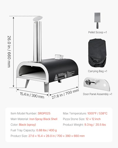 VEVOR Outdoor Pizza Oven, 12 Inch Wood Fired Pizza Ovens, Pellet Pizza-Stove with Thermometer, Portable Pizza-Maker for Outside Backyard Patio Camping, Pizza-Stone, Carry Bag, Shovel, Black