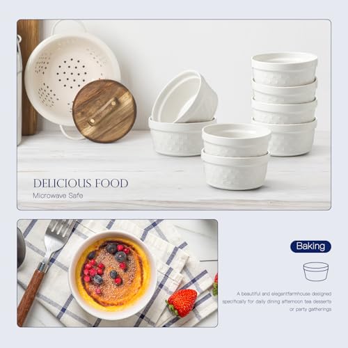 Feenmai 6 Oz Ramekins Oven Safe, Creme Brulee Ramekins Set of 8, Ceramic Souffle Dish, White Porcelain Snowflake Baking Bowls for Dessert, Pie, Tart, Souffles, Appetizers