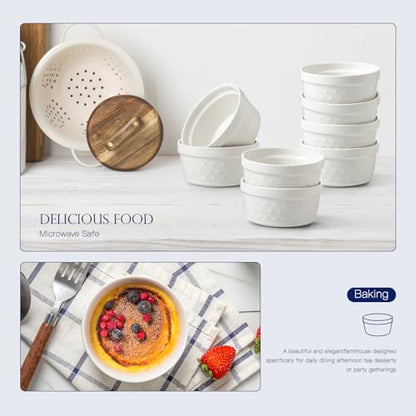 Feenmai 6 Oz Ramekins Oven Safe, Creme Brulee Ramekins Set of 8, Ceramic Souffle Dish, White Porcelain Snowflake Baking Bowls for Dessert, Pie, Tart, Souffles, Appetizers