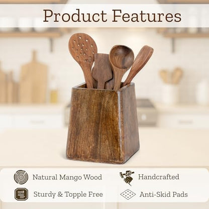 Mie Creations Rustic 7'' Large Utensil Holder Crock for Kitchen Countertop | Thanksgiving Christmas Utensils Crock, Wooden Square Spatula Organizer Caddy for Party, Cooking Counter Decor- Dark Brown