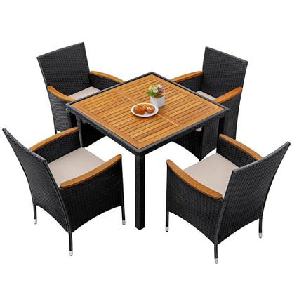 Greesum 5 Pieces Outdoor Patio Dining Set, Conversation Sets with 1 Table and 4 Rattan Chairs with Curved Acacia Wooden Armrests and Cushions, Black