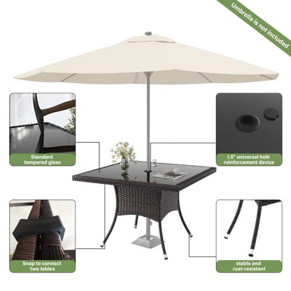 ALAULM 10 Piece Outdoor Patio Dining Set for 8 All-Weather Wicker Patio Furniture Set w/Tempered Glass Tabletop, Removable Cushions and Umbrella Hole for Patio, Backyard, Garden, Poolside (Brown)