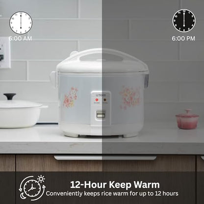 Tiger JNP-1800-LF 10 Cup Capacity White Rice Cooker with Non-Stick Inner Pot, Retractable Power Cord, and Keep Warm up to 12 hours (Flower)