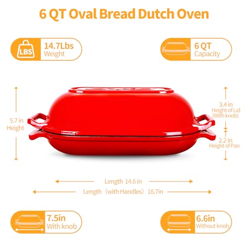 Oval Dutch Oven for Bread Baking, 6QT Enameled Cast Iron Oval Dutch Oven Pot with Lid and Dual Handles, Ceramic Sourdough Bread Baker with Bread Dome, Cooking, Frying, Non-stick Enamel Coated Cookware