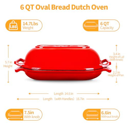 Oval Dutch Oven for Bread Baking, 6QT Enameled Cast Iron Oval Dutch Oven Pot with Lid and Dual Handles, Ceramic Sourdough Bread Baker with Bread Dome, Cooking, Frying, Non-stick Enamel Coated Cookware