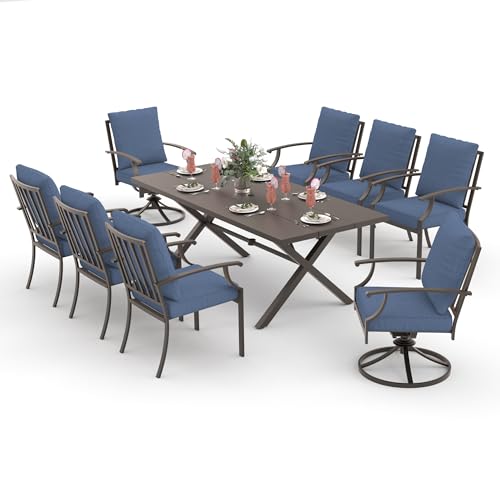 ALAULM 9-Piece Patio Dining Table and Chairs for 8 Outdoor Dining Set with 2 Swivel Chairs Patio Dining Sets with Rectangular Metal Table with Umbrella Hole for Patio, Backyard, Garden-Dark Blue