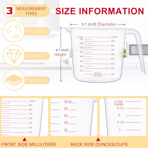 Fabbay 24 Pcs 4 Cup Capacity Plastic Measuring Cup 1000 ml Clear Graduated Measuring Cups Plastic Mug with Spout and Handles Ounce and Ml Marking for Recipe Ingredient Flour Water Liquid(Red,32 oz)
