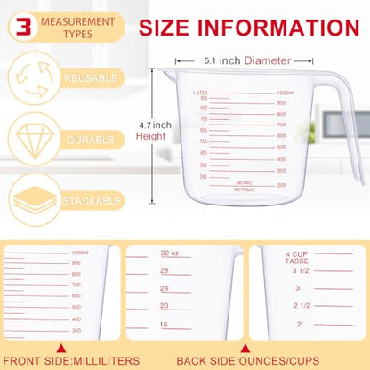 Fabbay 24 Pcs 4 Cup Capacity Plastic Measuring Cup 1000 ml Clear Graduated Measuring Cups Plastic Mug with Spout and Handles Ounce and Ml Marking for Recipe Ingredient Flour Water Liquid(Red,32 oz)