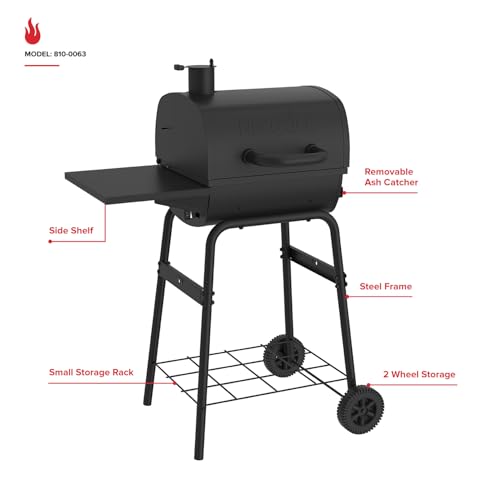 Nexgrill 17.5" Charcoal Grill with Side Shelf, 349 SQ In Cooking Space, Adjustable Chimney, Air Dampers, Temperature Gauge, Warming Rack, Barrel Smoker Grill for Camping, Picnics, and More - 810-0063