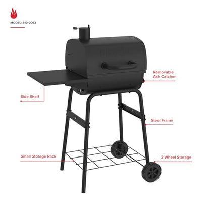 Nexgrill 17.5" Charcoal Grill with Side Shelf, 349 SQ In Cooking Space, Adjustable Chimney, Air Dampers, Temperature Gauge, Warming Rack, Barrel Smoker Grill for Camping, Picnics, and More - 810-0063