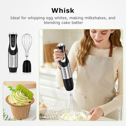 Bonsenkitchen 4-in-1 Immersion Blender Handheld with Food Processor, 12 Speeds Hand Blender with Turbo Mode, Stainless Steel Blade, Egg Whisk, Beaker & Chopper Bowl, Stick Mixer for Smoothie, Puree