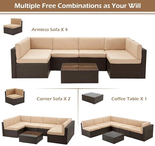 U-MAX 7 Piece Outdoor Patio Furniture Set, PE Rattan Wicker Sofa Set, Outdoor Sectional Furniture Chair Set with Cushions and Tea Table, Brown